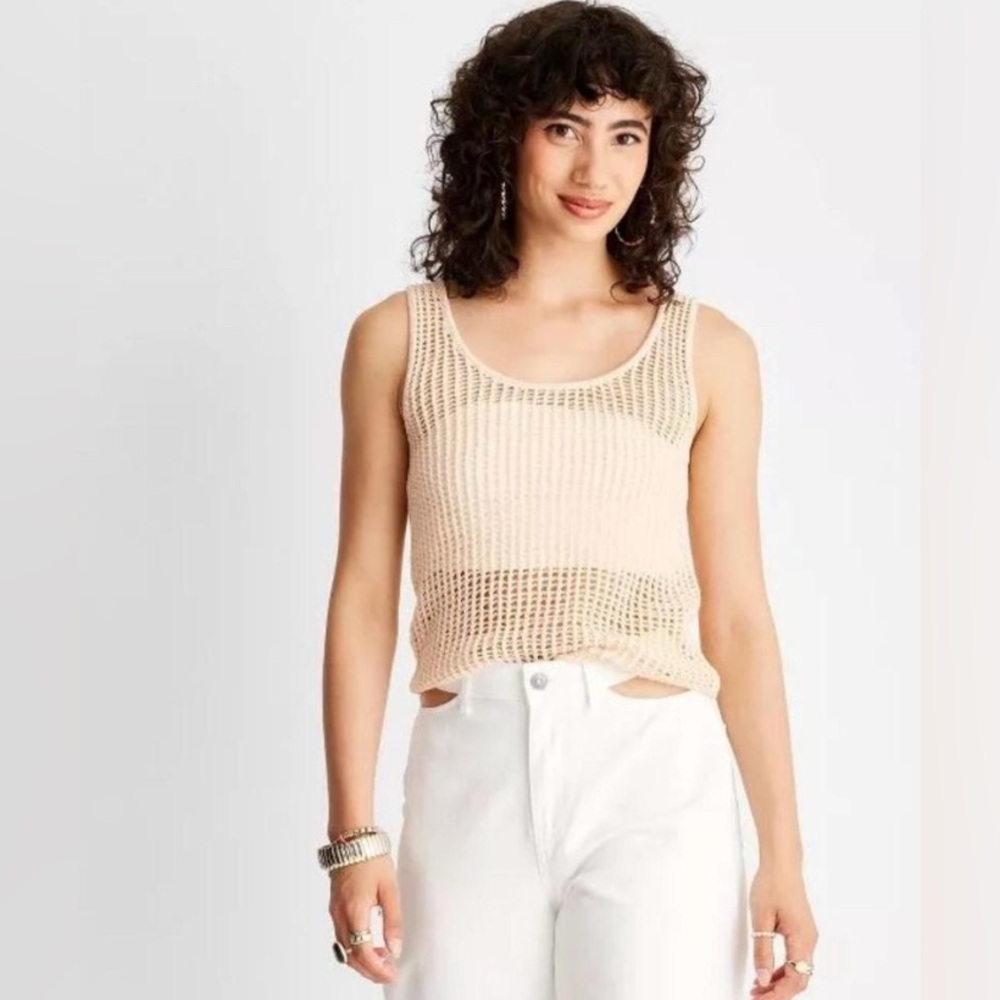 Crochet U Neck Tank Sweater Sleeveless Top Size Medium? BEIGE Future Collective